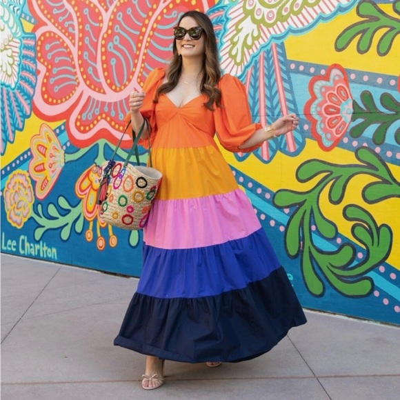 FARM Rio Multicolor Tiered Puff-Sleeve Maxi Dress — Orange, Yellow, Pink & Blue - Picture 2 of 12